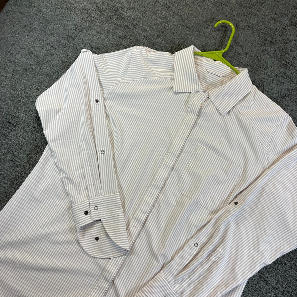 Coolibar Button Down Shirt Womens Large White Striped UPF 50+ Roll Tab Sleeve